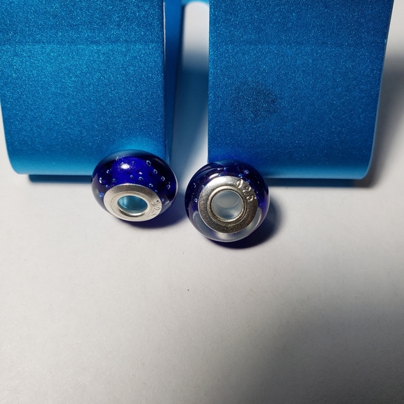 2pcs Silver European Murano Blue Glass Beads Charm - Picture 2 of 7